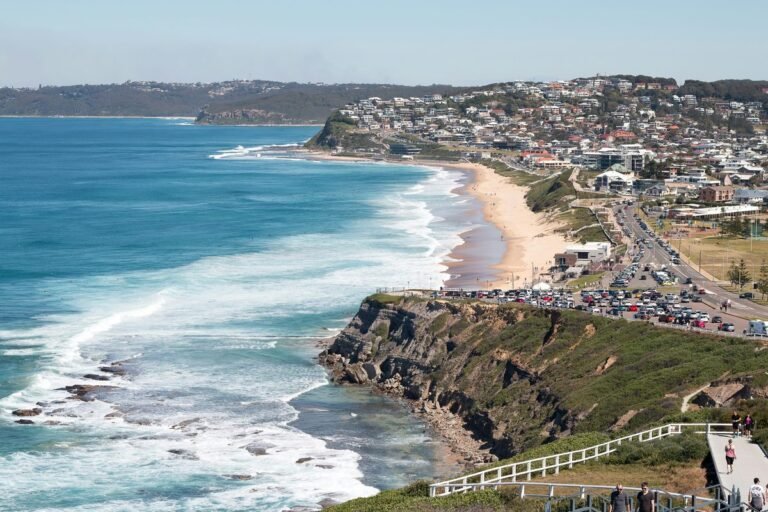 Coastal clifftop walk above a surf beach with a beachside suburb behind it