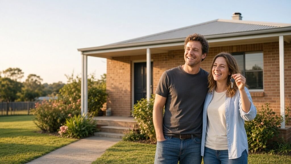 A happy couple holding the keys to their new home